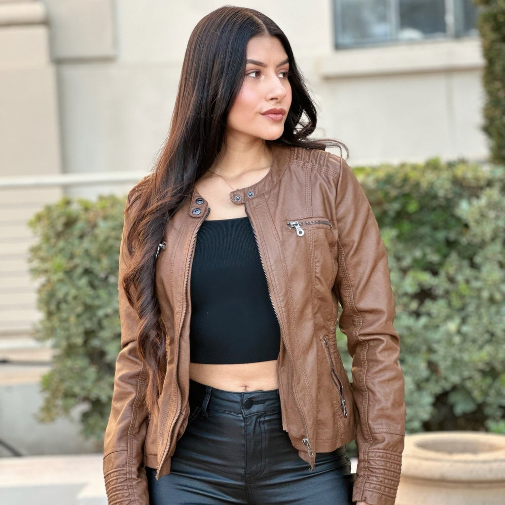 Woman Fashion Hooded Faux Leather Jacket