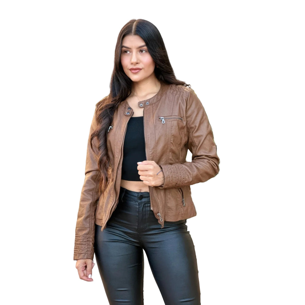Woman Fashion Hooded Faux Leather Jacket