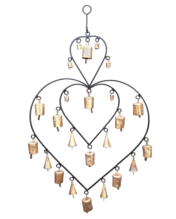 Double Heart Chime hanging brass bells for wall decor