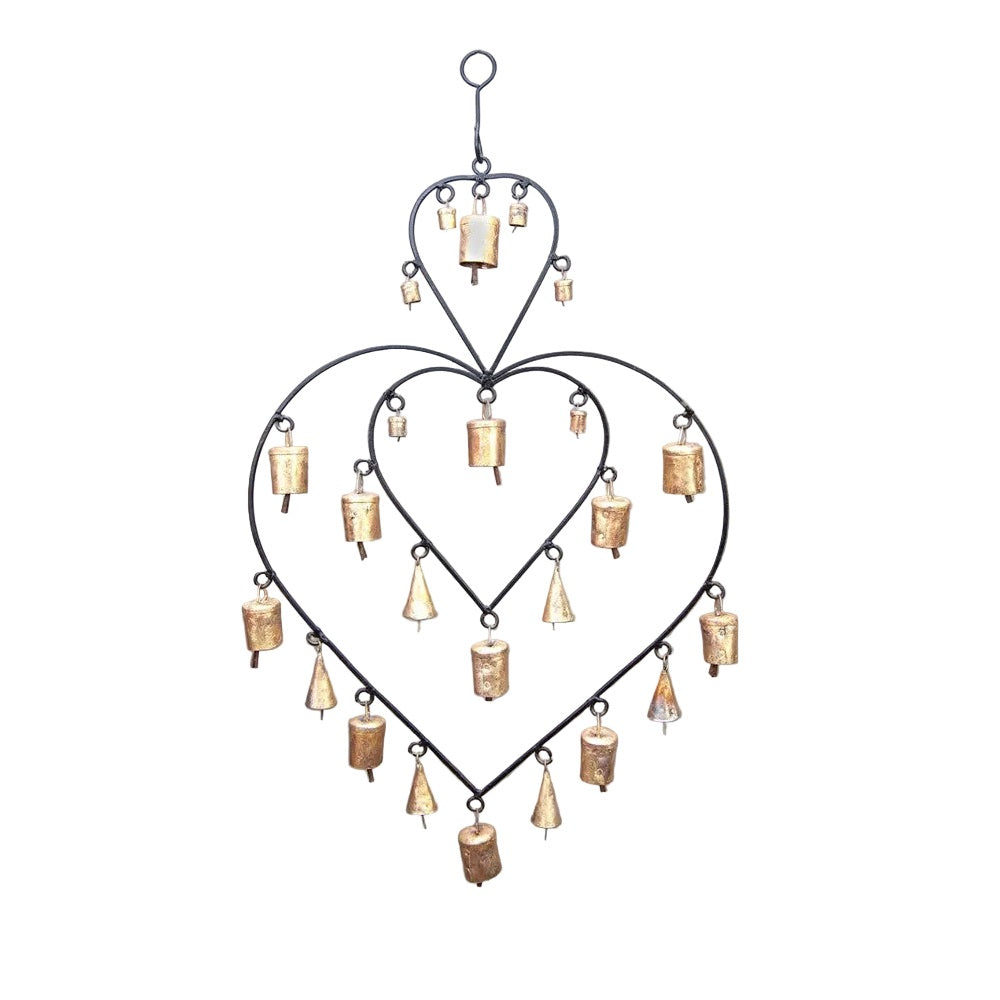 Double Heart Chime hanging brass bells for wall decor